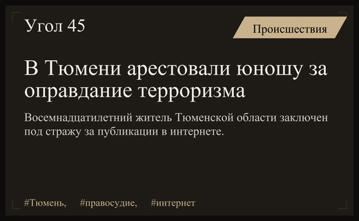В Тюменской области восемнадцатилетний юноша арестован за оправдание терроризма в сети